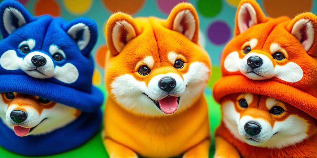 Colorful doge hats arranged in a playful display.