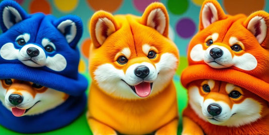 Colorful doge hats arranged in a playful display.