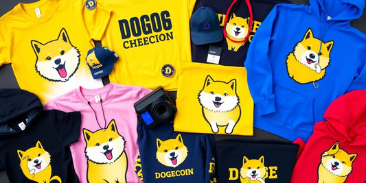 Colorful Dogecoin-themed apparel collection featuring shirts and hoodies.