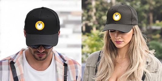 Stylish dad hat with Dogecoin logo against casual background.