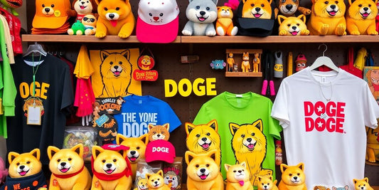 Colorful Doge merchandise including apparel and collectibles.
