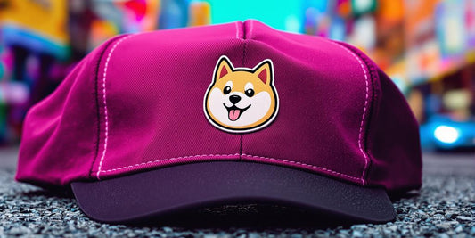 Dogecoin dad hat in vibrant urban setting.