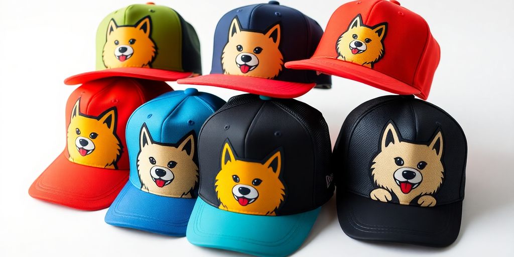 Collection of trendy dogecoin hats in vibrant colors.