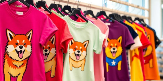 Colorful doge shirts displayed on hangers in bright setting.