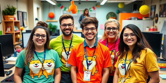 Professionals in Dogecoin-themed office wear, bright colors.