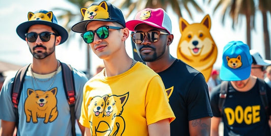 Models wearing Doge-themed hats and shirts outdoors.