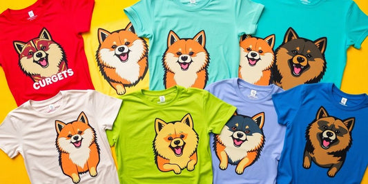 Colorful Doge T-shirts arranged in a playful display.