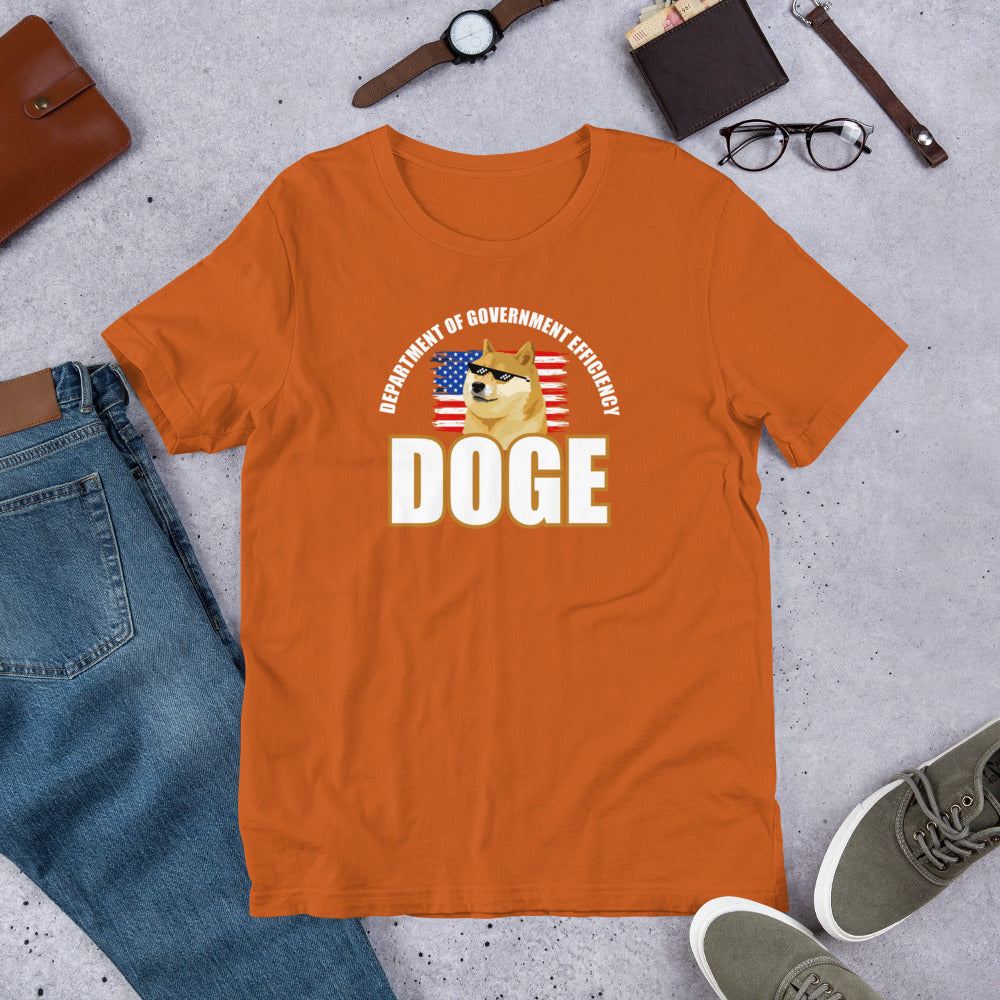 Doge Tee, Doge T-shirt, Doge shirt featuring Department of Government Efficiency (D.O.G.E.) design with Shiba Inu dog meme, government parody t-shirt, funny D.O.G.E. acronym apparel, such efficiency much government wow, official looking doge meme shirt with Shiba Inu mascot