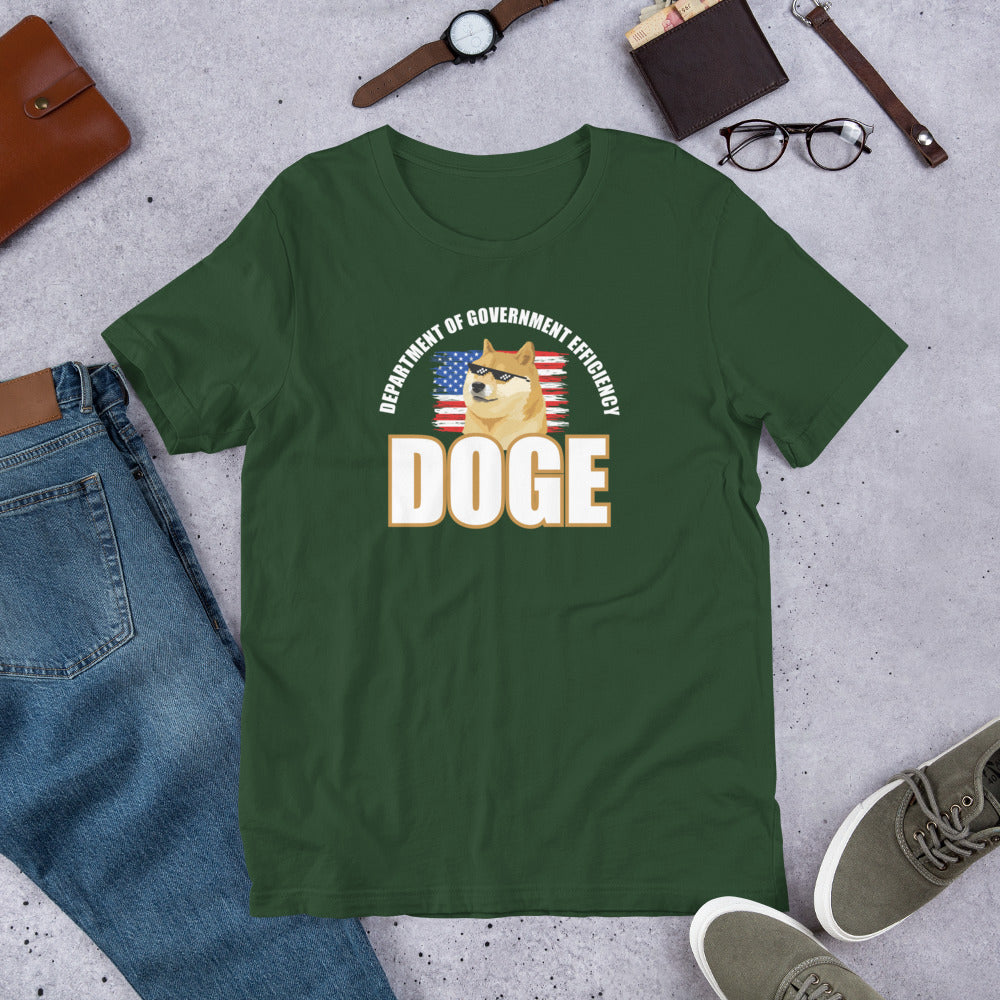 Doge Tee, Doge T-shirt, Doge shirt featuring Department of Government Efficiency (D.O.G.E.) design with Shiba Inu dog meme, government parody t-shirt, funny D.O.G.E. acronym apparel, such efficiency much government wow, official looking doge meme shirt with Shiba Inu mascot