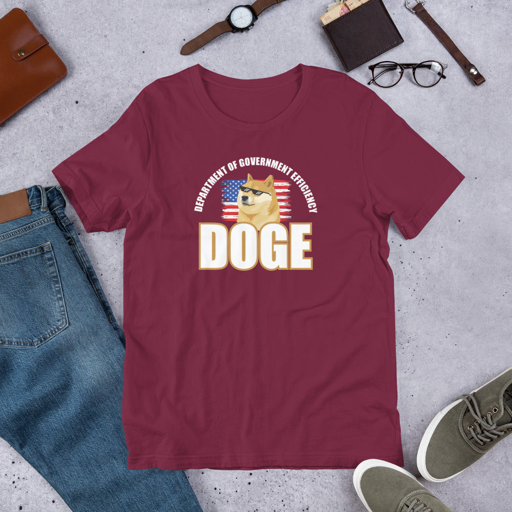 Doge Tee, Doge T-shirt, Doge shirt featuring Department of Government Efficiency (D.O.G.E.) design with Shiba Inu dog meme, government parody t-shirt, funny D.O.G.E. acronym apparel, such efficiency much government wow, official looking doge meme shirt with Shiba Inu mascot