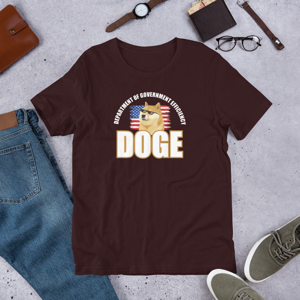 Doge Tee, Doge T-shirt, Doge shirt featuring Department of Government Efficiency (D.O.G.E.) design with Shiba Inu dog meme, government parody t-shirt, funny D.O.G.E. acronym apparel, such efficiency much government wow, official looking doge meme shirt with Shiba Inu mascot