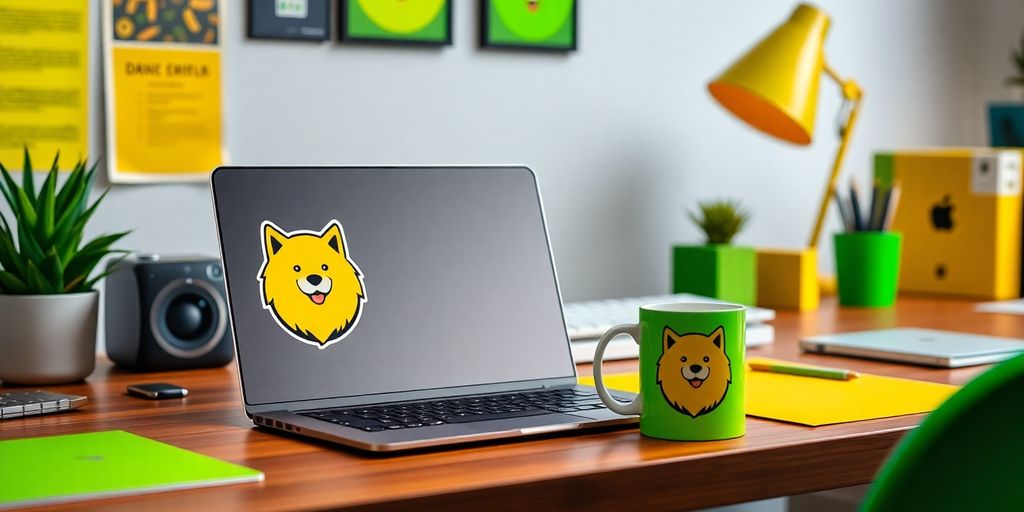 Modern office setup with Dogecoin-themed accessories and decor.