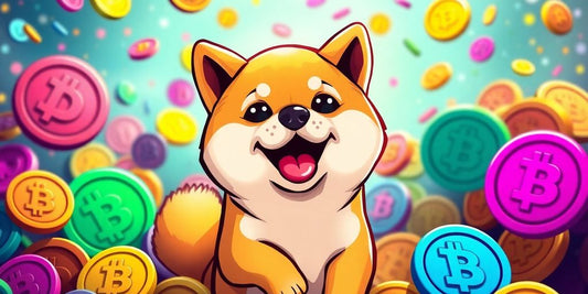 Playful Shiba Inu with colorful meme coins.