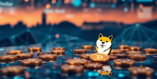 Dogecoin coins on a digital background with blockchain elements.