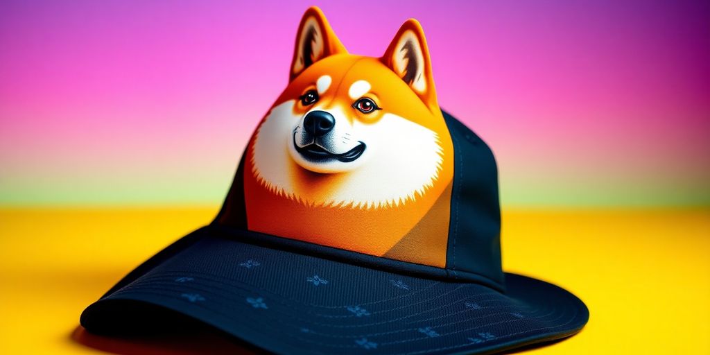 Doge office hat with playful design on vibrant background.