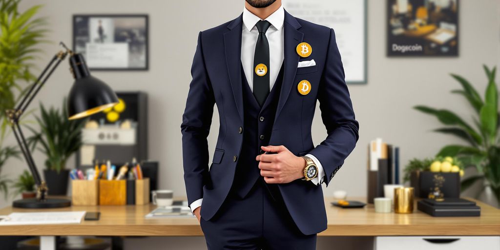 Dogecoin-themed office wear in a modern workspace.