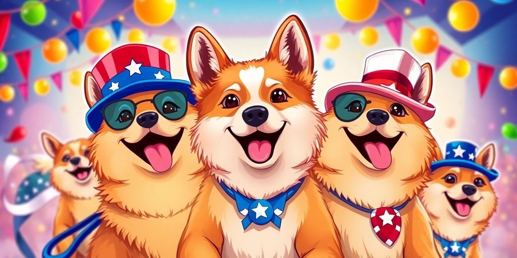 Playful Doge characters in political accessories and colorful background.