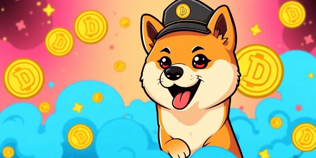 Cartoon Shiba Inu with government cap and Dogecoin symbols.