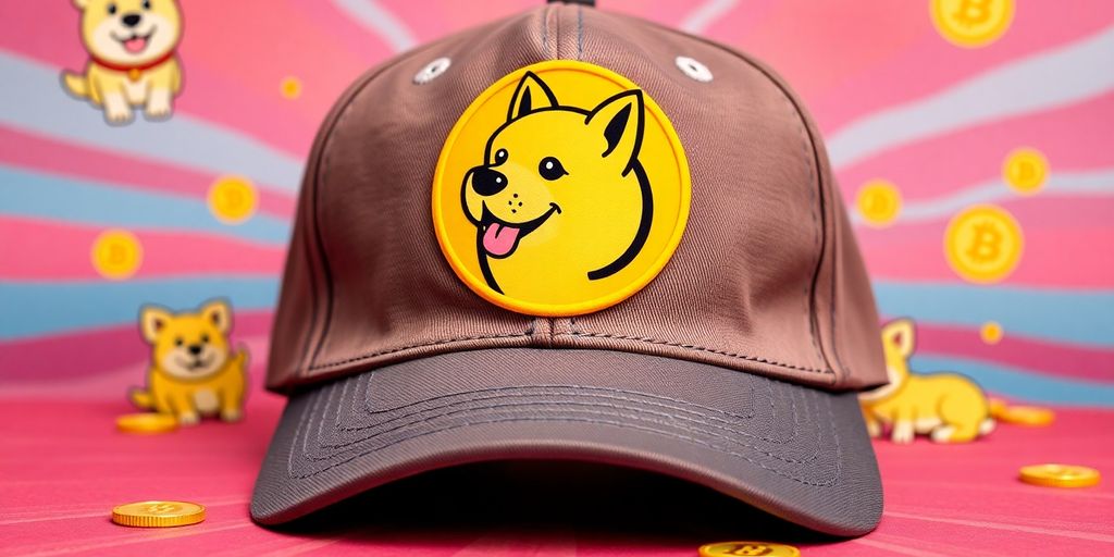 Stylish dad hat with Dogecoin logo on a vibrant background.