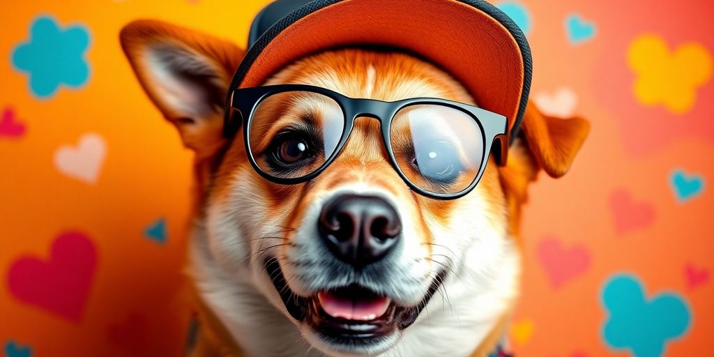 A dog wearing a Doge cap in bright colors.