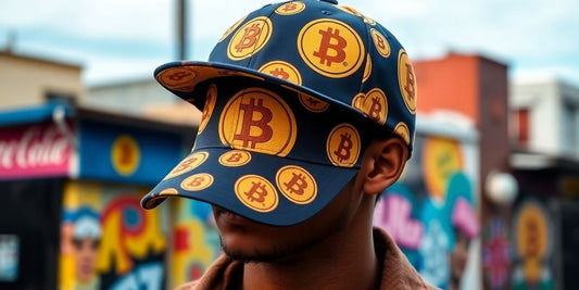 Stylish department cap with Dogecoin patterns against urban backdrop.