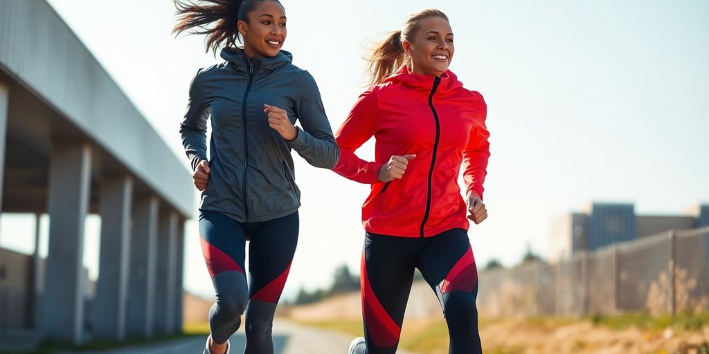 Athlete in stylish performance apparel running outdoors.
