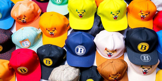 Colorful Dogecoin hats for cryptocurrency enthusiasts.