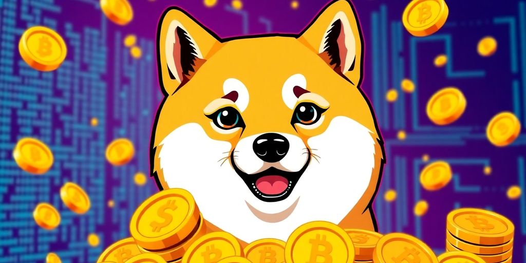 A lively Doge meme with gold coins and digital elements.