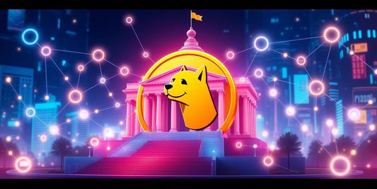 Doge coin in a futuristic government building concept.