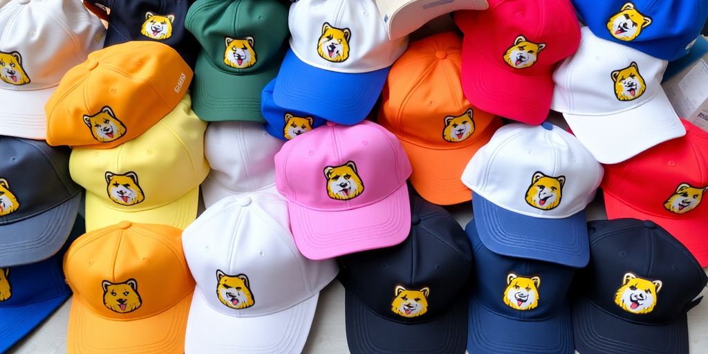 Colorful Dogecoin hats in various styles and designs.
