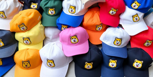 Colorful Dogecoin hats in various styles and designs.