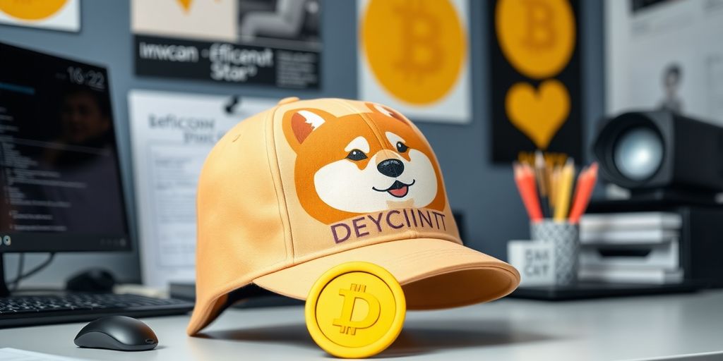 Efficiency department hat in a Dogecoin-themed workspace.