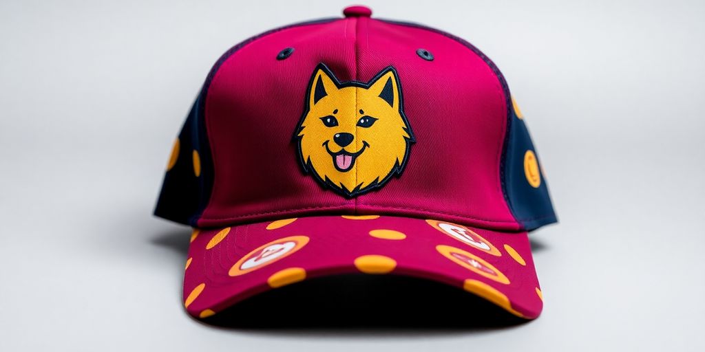 Stylish cap with playful Dogecoin design for crypto fans.