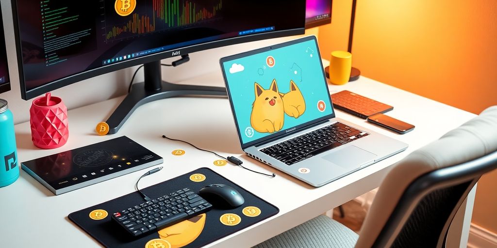 Modern workspace with Dogecoin-themed accessories and gear.