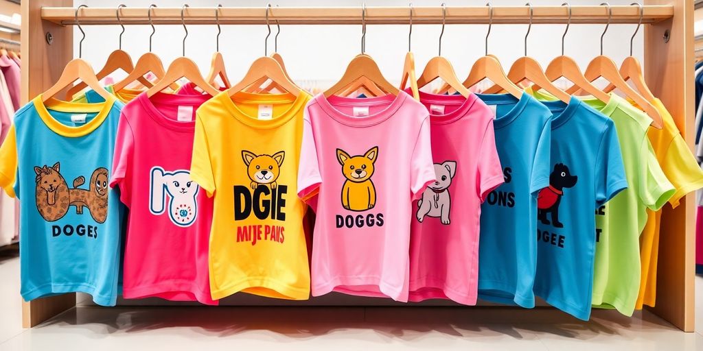 Colorful doge shirts hanging in a stylish display.