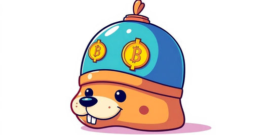 Cartoon dogecoin bureaucracy meme hat with playful colors.