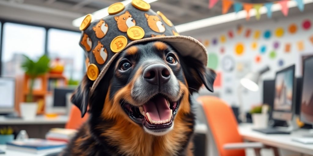 Dog wearing Dogecoin meme hat in an office setting.